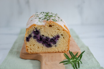 home made sweet blueberry sponge cake with rosemary
