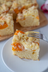 home made german apricot streusel cake on a table