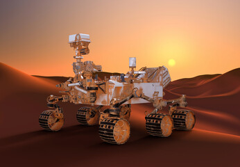 3D Rendering of Fantasy Rover On Red Desert And Mountains Alien Landscape - 3D Illustration