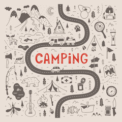 Camping map in vintage style with lettering. Hand-drawn vector illustration. A tourist route for a trip to nature. Stylized map with symbols and places to travel for the weekend.