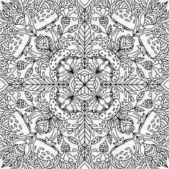 mandala with mushrooms and abstract ornaments drawn in folk style for coloring, vector