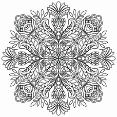 mandala with folk style floral ornaments drawn on a white background, vector