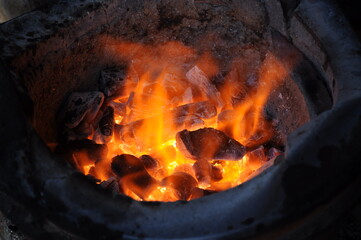 Blaze stove for cooking in Thailand.Close up of red hot burning charcoal