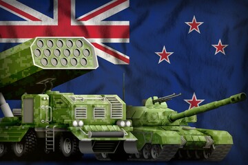 New Zealand heavy military armored vehicles concept on the national flag background. 3d Illustration
