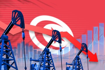 lowering, falling graph on Tunisia flag background - industrial illustration of Tunisia oil industry or market concept. 3D Illustration