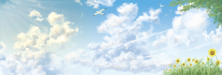 積乱雲のある夏の空、近景に草木【入道雲】