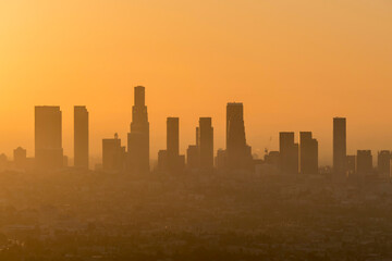 Smoggy early morning view of downtown Los Angeles towers in Southern California.