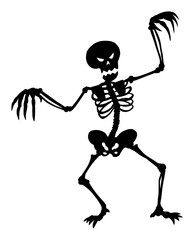 Vector drawing illustration of black silhouette of creepy or spooky Halloween skeleton on white background.