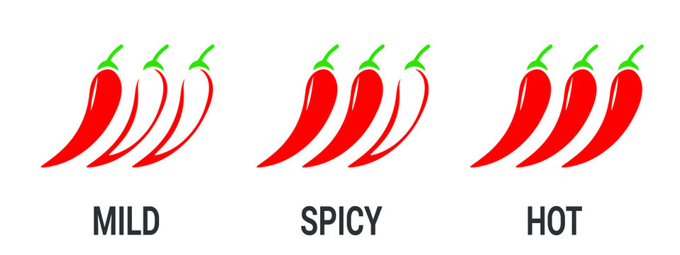 Spicy chili pepper level labels. Vector spicy food mild and extra hot sauce, chili pepper red outline icons. EPS 10.