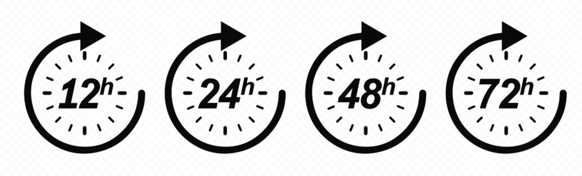12, 24, 48 and 72 hours clock arrow. Vector work time effect or delivery service time icons. EPS 10