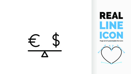 editable line icon of balancing scale between euro and doller