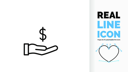 Editable line icon of a open hand with a dollar sign