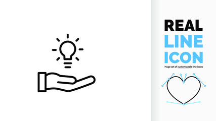 Editable line icon of a hand with a light bulb