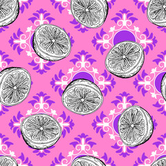 Black and white halves of an orange on a pink background