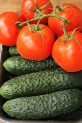 Fresh cucumbers and tomatoes on the table 