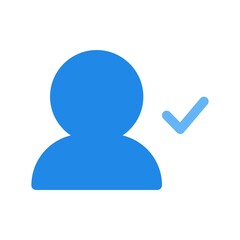 User icon with checkmark sign in flat style. Accepted friendship, confirmed connection signs. Approved profile with tick symbol.
