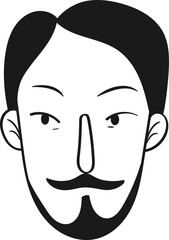 Vector black and white illustration man vintage portrait with black hair, mustache and beard, goatee beard