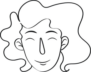 Vector black and white outline illustration human expression, happy smiling woman portrait with curly hair and closed eyes