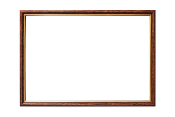 On a white background, a wooden photo frame with a gold insert, a classic vintage photo frame, isolated