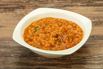Traditional Georgian Kharcho soup with meat