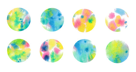 Set of watercolor circles , yellow, blue, pink, green colors, on white background, watercolor illustration 