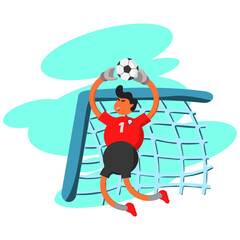 vector illustration of a goalkeeper jumps to catch the ball to avoid entering the goal in flat design