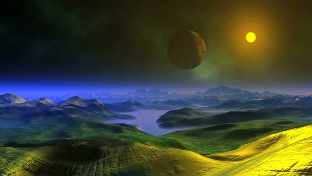 Moon Flies Over Alien Planet. Over green hills and misty mountains flying a large planet. In the dark starry sky, nebulae and the bright orange setting sun. 