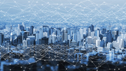 The modern creative communication and internet network connect in smart city . Concept of 5G wireless digital connection and internet of things future.