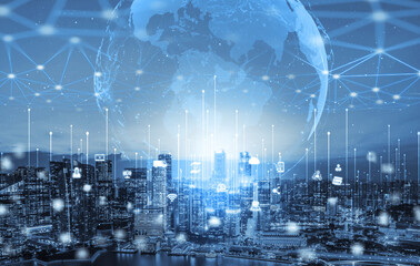 The modern creative communication and internet network connect in smart city . Concept of 5G wireless digital connection and internet of things future.