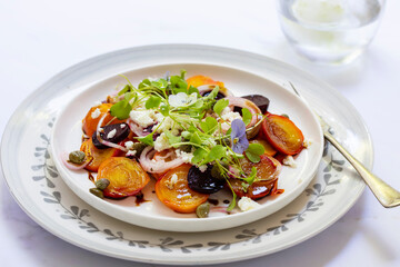 Yellow and red beetroot salad with feta cheese