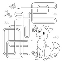 Labyrinth. Maze game for kids. Help cute cartoon fox find path to a butterfly. White and black vector illustration for coloring book.