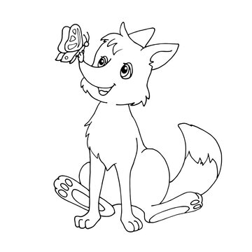 Cute cartoon fox with a butterfly sitting on the nose. Isolated object on white background. White and black vector illustrations for coloring book.
