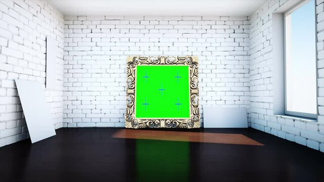 gold antique frame in white brick room. Green screen tracking footage