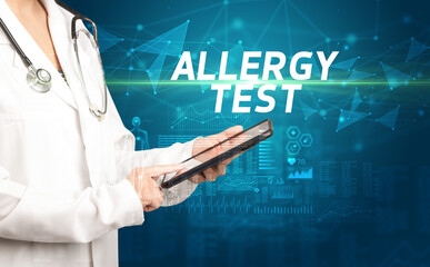 doctor writes notes on the clipboard with ALLERGY TEST inscription, medical diagnosis concept
