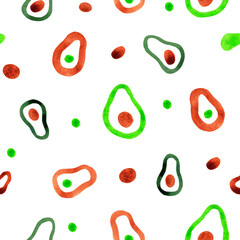 Seamless pattern with vegetables, abstract avocado, watercolor illustration 