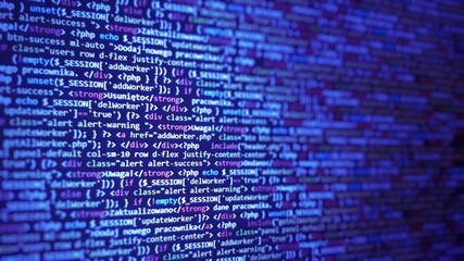 Background to programmer's job offer. Ad with work for developer. Blue software developer. Code on monitor.