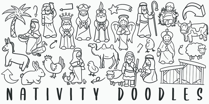 Nativity Christmas Doodle Line Art Illustration. Hand Drawn Vector Clip Art. Banner Set Logos.