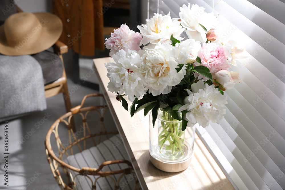 Canvas Prints Bouquet of beautiful peony flowers on window sill indoors. Space for text