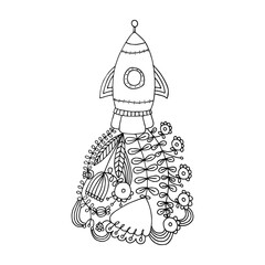 Eco rocket. Vector illustration of a black line on a white background. Flat vector eco cigarette with exhaust from plants and flowers. Modern ecology concept for prints and various design. Eps 8.