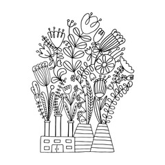 Eco factory. Vector illustration of a black line on a white background. Flat vector eco cigarette with exhaust from plants and flowers. Modern ecology concept for prints and various design. Eps 8.