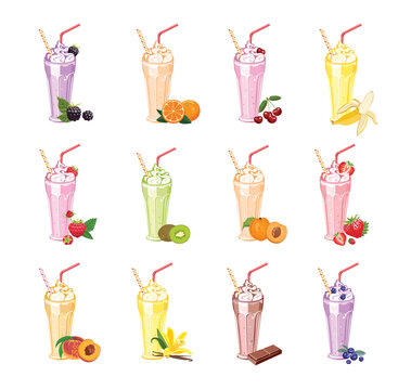 Milkshakes in glasses set. Summer sweet drinks with different berries and fruits isolated on a white background. Vector illustration in cartoon flat style.