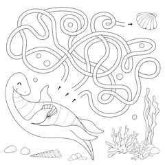 Labyrinth. Maze game for kids. Help cute cartoon swimming dinosaur find path to the sea shell. White and black vector illustration for coloring book.