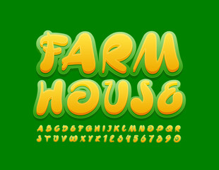Vector eco banner Farm House with Artistic Font. Yellow and Green creative Alphabet Letters and Numbers