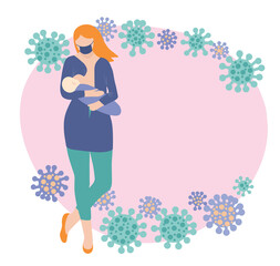 Lactation during the coronavirus pandemic. Woman in protective mask breastfeeds baby.