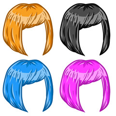 Women hairstyle. Set of Hair on head. Sketch color cartoon illustration. Mask for app. Trendy modern pink, blue and red haircuts girl - bob cut