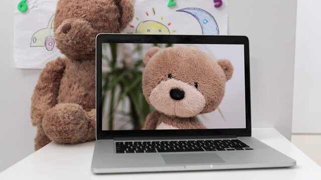 video of teddy bear on laptop video chat