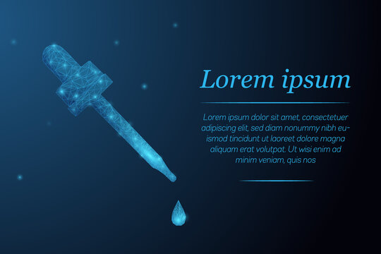 Futuristic glowing low polygonal pipette with drop of serum made of stars, lines, dots, triangles isolated on dark blue background. Cosmetology or medical concept. Modern wireframe vector illustration