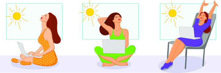 Young brown girls taking in the Sunshine from a window while working on a laptop during stay at home quarantine due to Corona Virus Pandemic