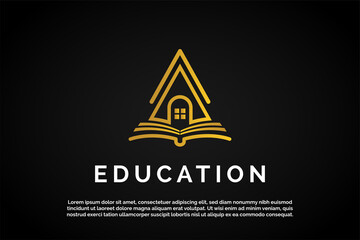 House icon over Open book illustration for Education Logo Template
