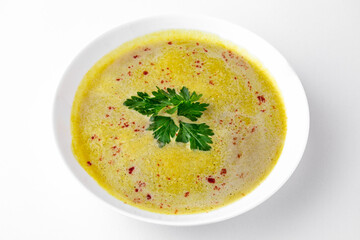Pea soup.  A dish for delivery, or an online store. Isolated on a white background.